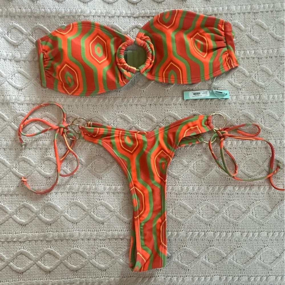 Fashion Nova Orange & Green Bikini Thong Metal Hardware on Hips Women’s SZ L - Picture 9 of 11
